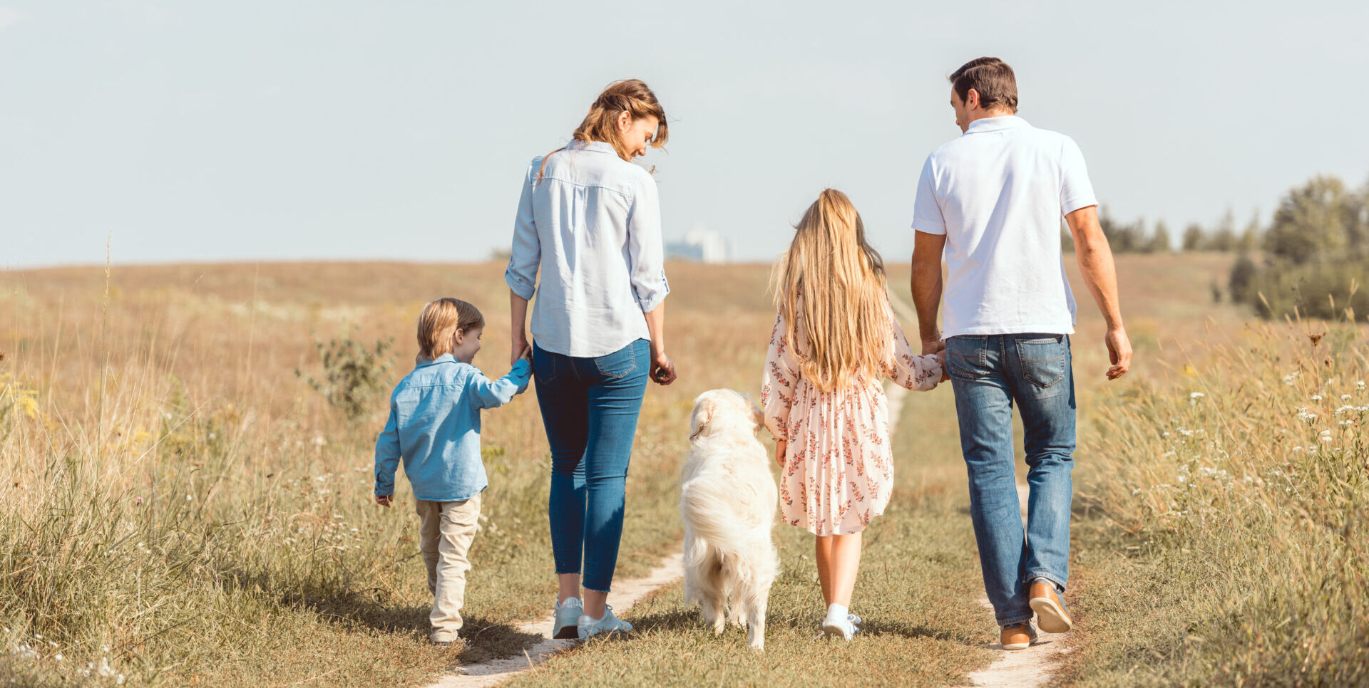 Rear View Of Family With Retriever Dog Spending Time Together In Field