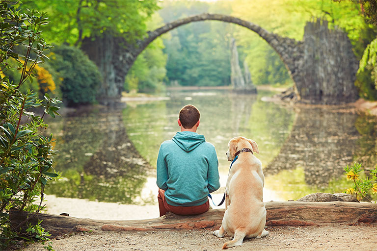 Man Sitting With Dog By Water
