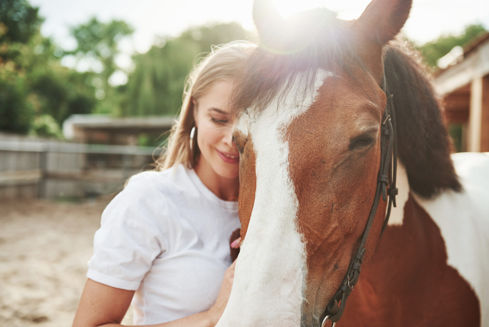 Peace And Quiet. Happy Woman With Her Horse On The Ranch At Daytime Peace And Quiet. Happy Woman With Her Horse On The Ranch At Daytime